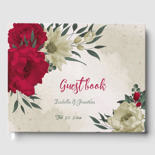 Romantiek rood & bleek geel bloemen bruiloft gastenboek (Voorkant)