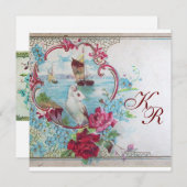 ROMANTIEK/WITTE DUIF, ROZEN FLORALE TROUW MONOGRAM AANKONDIGING (Voorkant / Achterkant)