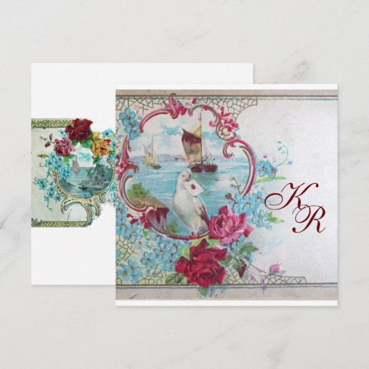 ROMANTIEK/WITTE DUIF, ROZEN FLORALE TROUW MONOGRAM AANKONDIGING (Voorkant / Achterkant)