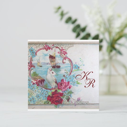 ROMANTIEK/WITTE DUIF, ROZEN FLORALE TROUW MONOGRAM AANKONDIGING (Staand voorkant)