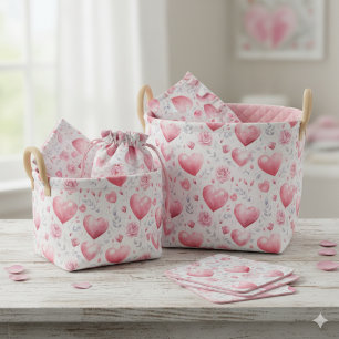 Romantieke Aquarel Hart Ballonnen en Roze Rozen Stof