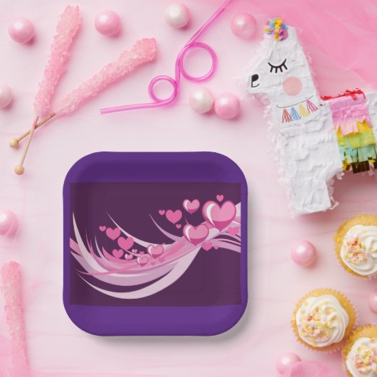Romantisch Abstract roze harten ontwerp op Paarse Papieren Bordje (Feest)
