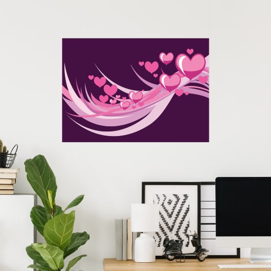Romantisch Abstract roze harten ontwerp op Paarse Poster (Thuiskantoor)