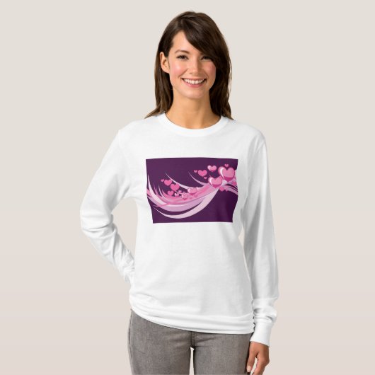 Romantisch Abstract roze harten ontwerp op Paarse T-shirt (Voorkant volledig)