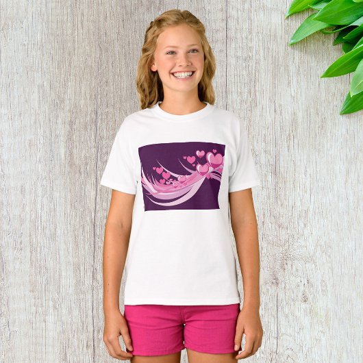 Romantisch Abstract roze harten ontwerp op Paarse T-shirt