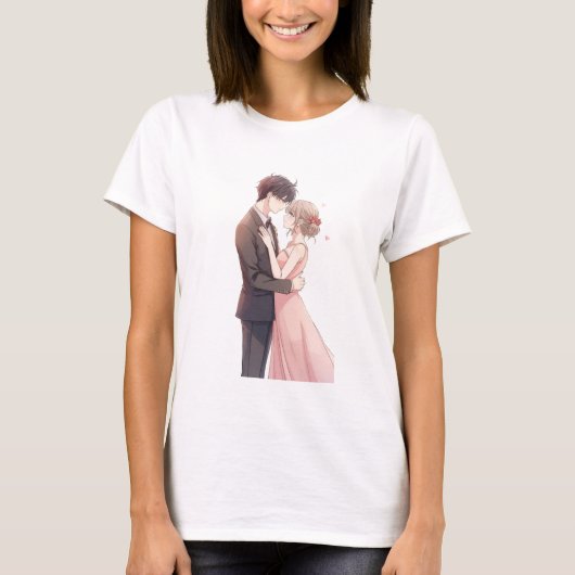 Romantisch Anime Koppel Omhelzing T-Shirt (Voorkant)