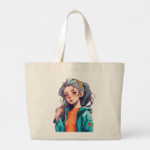 Romantisch Anime Meisje met Kleurrijk Licht Haar Grote Tote Bag (Achterkant)