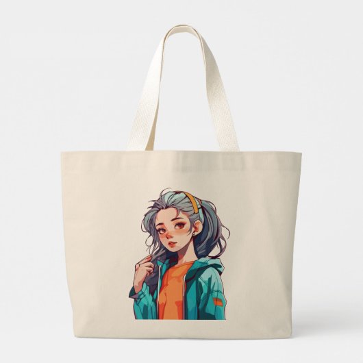 Romantisch Anime Meisje met Kleurrijk Licht Haar Grote Tote Bag (Achterkant)