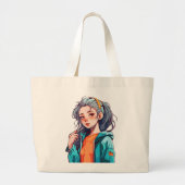 Romantisch Anime Meisje met Kleurrijk Licht Haar Grote Tote Bag (Voorkant)
