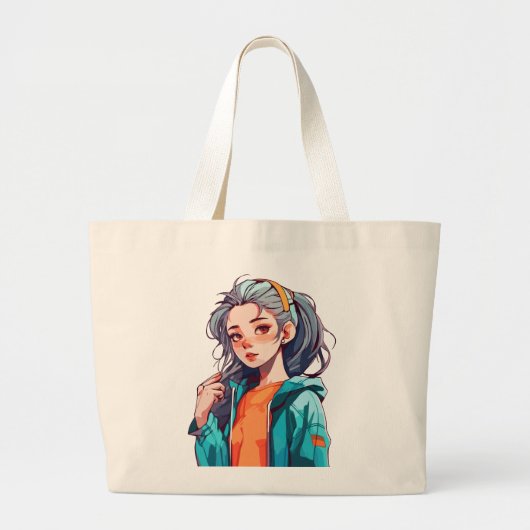 Romantisch Anime Meisje met Kleurrijk Licht Haar Grote Tote Bag (Voorkant)