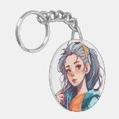Romantisch Anime Meisje met Kleurrijk Licht Haar Sleutelhanger (Voorkant Links)