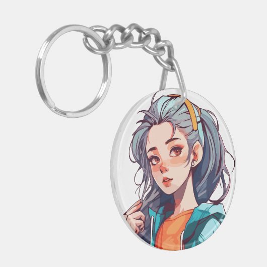 Romantisch Anime Meisje met Kleurrijk Licht Haar Sleutelhanger (Voorkant Links)