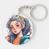Romantisch Anime Meisje met Kleurrijk Licht Haar Sleutelhanger (Achterkant)
