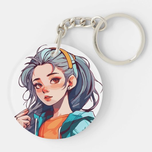 Romantisch Anime Meisje met Kleurrijk Licht Haar Sleutelhanger (Achterkant)