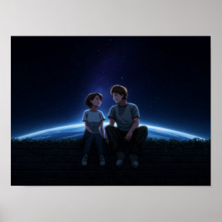 Romantisch animekoppel zittend onder de sterrenhem poster
