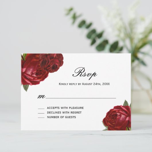 Romantisch Antiek Rode Rozen met Strepen RSVP Kaar (Staand voorkant)