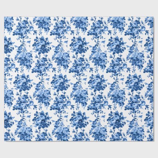 Romantisch Antiek  Roos-Blauw op Wit Cadeaupapier (Vlak)