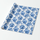 Romantisch Antiek  Roos-Blauw op Wit Cadeaupapier (Uitgerold)