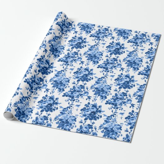 Romantisch Antiek  Roos-Blauw op Wit Cadeaupapier (Uitgerold)