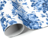 Romantisch Antiek  Roos-Blauw op Wit Cadeaupapier (Rol Hoek)