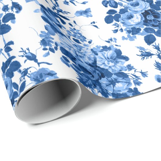 Romantisch Antiek  Roos-Blauw op Wit Cadeaupapier (Rol Hoek)