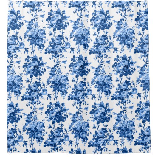 Romantisch Antiek  Roos-Blauw op Wit Douchegordijn (Voorkant)