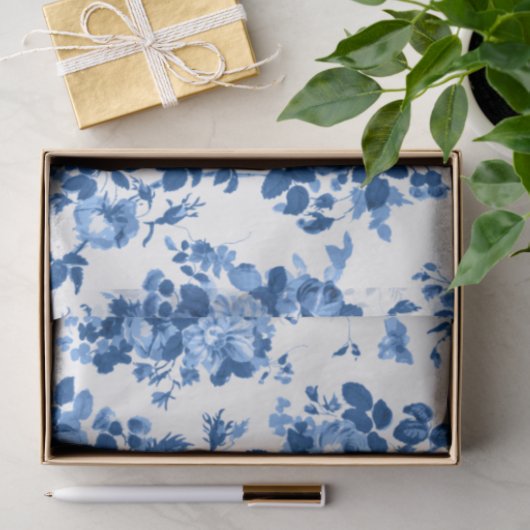 Romantisch Antiek  Roos-Blauw op Wit Tissuepapier (Geschenk)