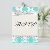 romantisch aqua blauw wit demasontwerp RSVP kaartje (Staand voorkant)