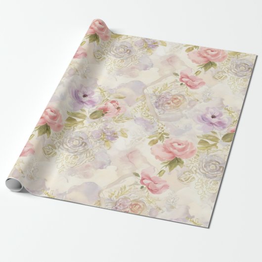 Romantisch aquarel bloemen inpakpapier - Elegant (Uitgerold)