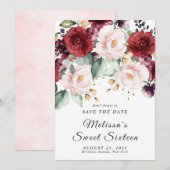 Romantisch aquarel bordeauxrood save the date kaart (Voorkant / Achterkant)