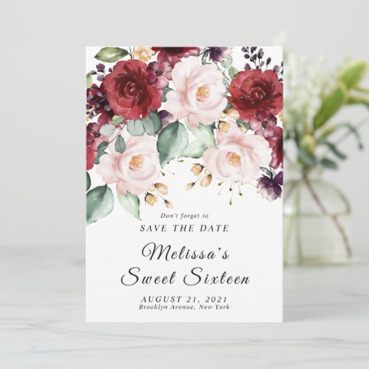 Romantisch aquarel burgundy save the date kaart (Staand voorkant)