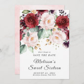 Romantisch aquarel burgundy save the date kaart (Voorkant / Achterkant)