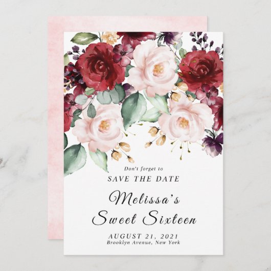 Romantisch aquarel burgundy save the date kaart (Voorkant / Achterkant)