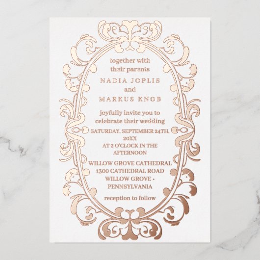 romantisch art nouveau bruiloft roos folie uitnodiging (Voorkant)