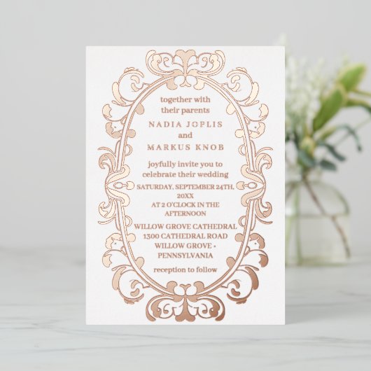 romantisch art nouveau bruiloft roos folie uitnodiging (Staand Voorkant)