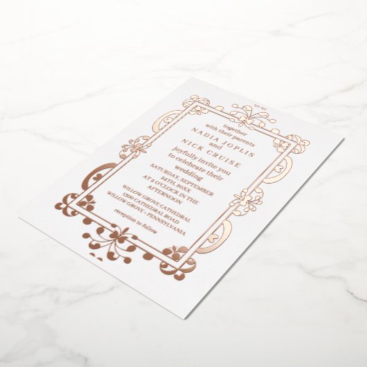 Romantisch Art Nouveau Bruiloft roos Goud Folie Uitnodiging (Gedraaid)