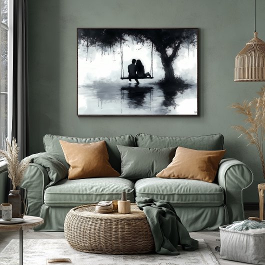 Romantisch avondpaar op een schommel onder de boom poster