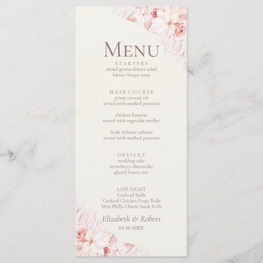 Romantisch Beige en Roze Rozen Bruiloft Menu (Voorkant)