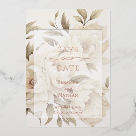 Romantisch Beige Pioenrozen Bloemen Herfst Bruilo Folie Uitnodiging (Voorkant)