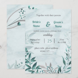 romantisch blauw blad bloemenbruiloft uitnodiging