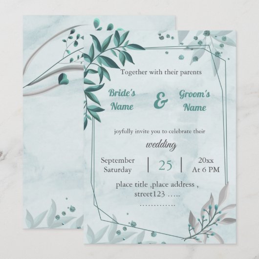 romantisch blauw bladeren bloemengeometrische brui kaart (Voorkant / Achterkant)