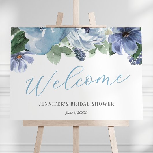 Romantisch Blauw Bloem Bruiloft Feest Welkom Bord Poster