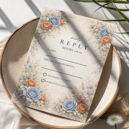 Romantisch Blauw Bloem Bruiloft RSVP Kaartje