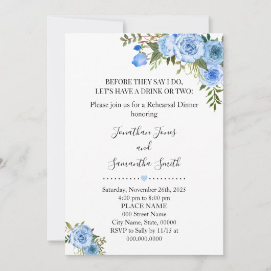 Romantisch Blauw bloemen boho chique repetitie din Kaart (Voorkant)