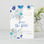 Romantisch, Blauw Bloemen Bruiloft Save The Date (Staand voorkant)