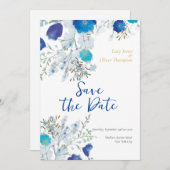 Romantisch, Blauw Bloemen Bruiloft Save The Date (Voorkant / Achterkant)