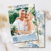 Romantisch Blauw Bloemen Foto QR Code Huwelijk Kaart