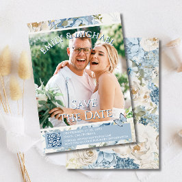 Romantisch Blauw Bloemen Foto QR Code Huwelijk Kaart