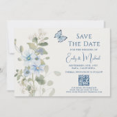 Romantisch Blauw Bloemen Foto QR Code Huwelijk Save The Date (Voorkant)