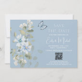 Romantisch Blauw Bloemen Foto QR Code Huwelijk Save The Date (Voorkant)